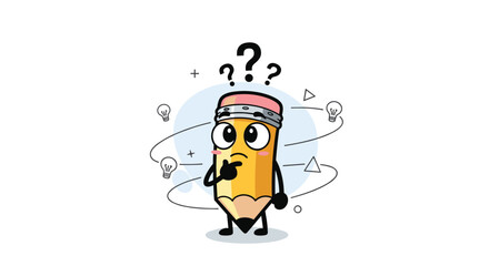 Fototapeta premium Cute pencil character standing with a hand on its chin and question marks overhead representing confusion, doubt, or the creative process.