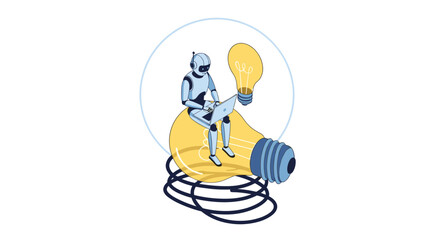 Fototapeta premium Isometric illustration of a small robot sitting on a large yellow light bulb using a laptop to generate new ideas or code software.