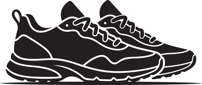 A minimalist black and white illustration of a pair of sneakers on a plain background.