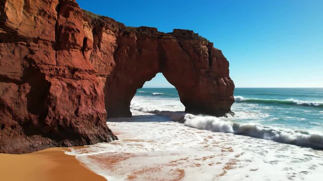 Red sandstone natural rock arch on a sandy beach with crashing ocean waves under a clear blue sky. Scenic coastal landscape featuring massive geological formations and surf.