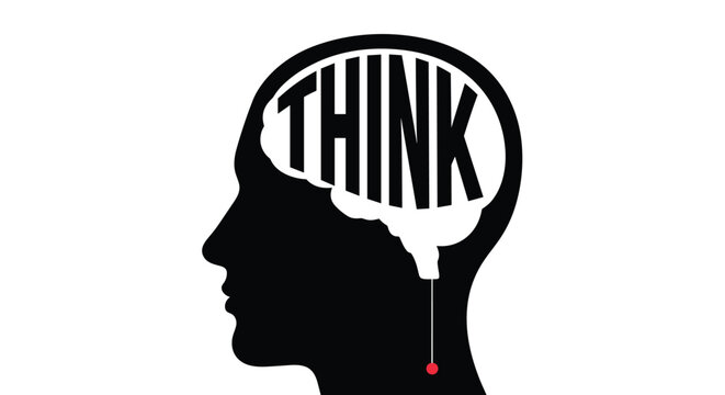 Black silhouette of a human head profile with the word THINK forming the shape of a brain and a red dot at the base for focus.