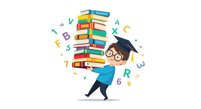 Young boy wearing a graduation cap and glasses carrying a huge stack of colorful books with floating letters and numbers around him.