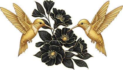 Golden Hummingbirds Feeding on Black Flowers with Gold Accents Isolated on White © King