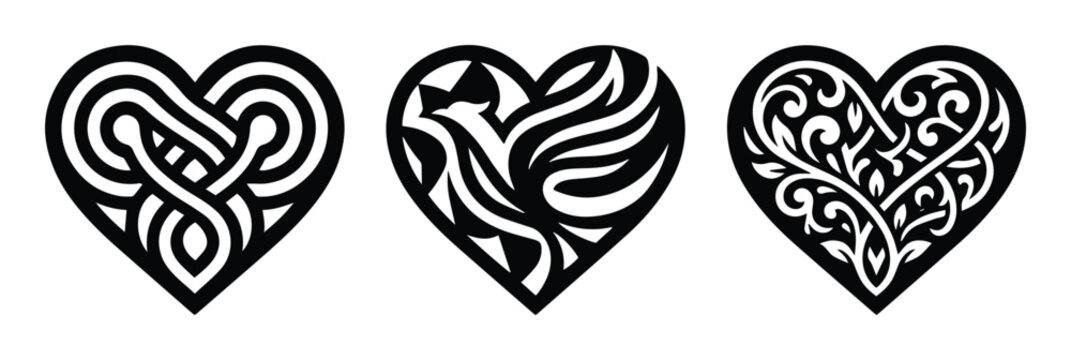 Celtic heart knot vector set, decorative filigree heart ornaments, black tribal phoenix heart icons for laser cutting and vinyl decals