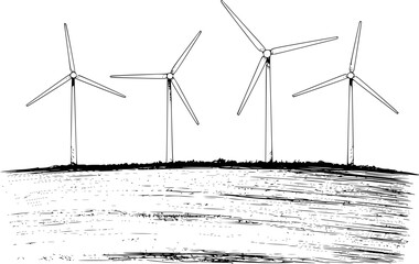 Hand drawn of wind turbines a grassy hill with a white background energy power © Tanmoy