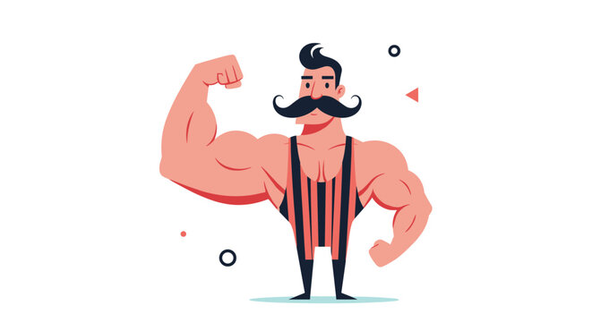 Strong muscular man with a large mustache flexing his bicep wearing a retro striped wrestling singlet on a white background.