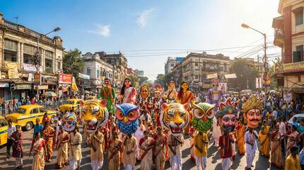 Fototapeta premium Vibrant Bengali street procession celebrating a cultural festival with colorful figures and traditional attire, showcasing community spirit and religious devotion