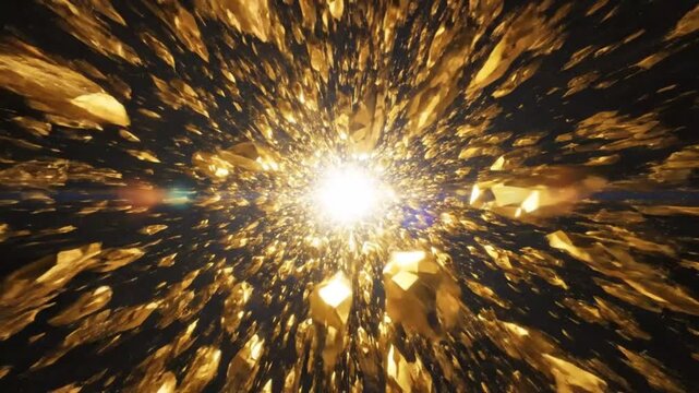 A bright light explosion occurs rapidly in a dark environment with golden streaks.