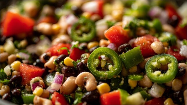 Close up of texas caviar bean salad mixture with corn black beans peppers and herbs creating vibrant healthy food background