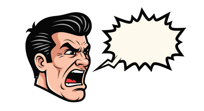 Angry man with a classic pompadour hairstyle yells loudly while a blank comic book speech bubble sits next to his head.