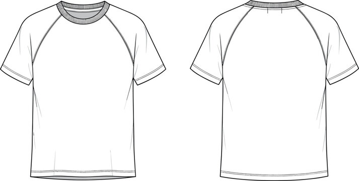 White Raglan T-Shirt Technical Sketch Template Front and Back View Blank Short Sleeve Apparel Vector Drawing for Fashion Design Mockup