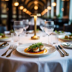 Fototapeta premium Elegant fine dining table setting with gourmet dish and candlelight ambiance