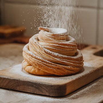 Freshly baked traditional Spanish ensaimada dusted with powdered sugar on wooden board