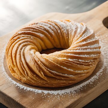 Freshly baked traditional Spanish ensaimada pastry dusted with powdered sugar on wooden board