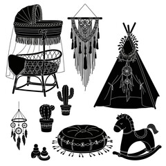A set of black and white vector illustrations of baby nursery decor and bohemian items © jelly
