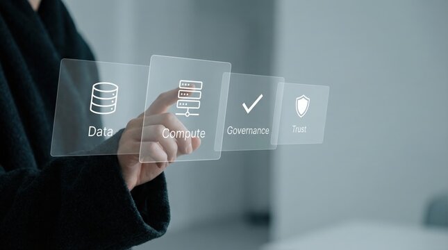 Sovereign AI - A close-up of a hand interacting with a transparent digital interface displaying data, compute, governance, and trust in a sleek enterprise environment.