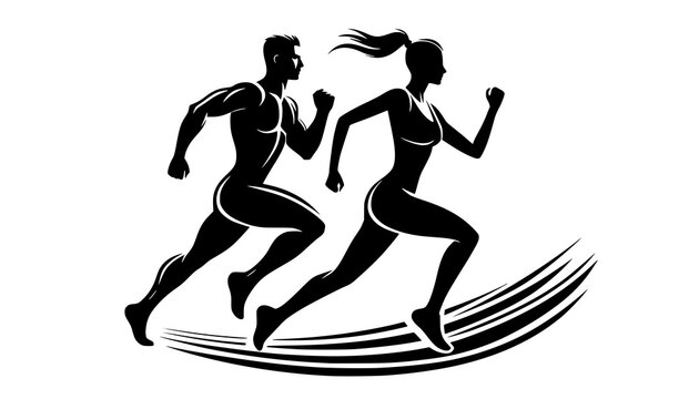 Running man and woman, isolated vector silhouettes. Run, side view. Silhouettes of athletic looking male and female runners running. JPEG version.