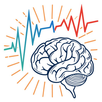 Brain function and signals visualized as colorful electrical waves and energy bursts over abstract mind illustration.