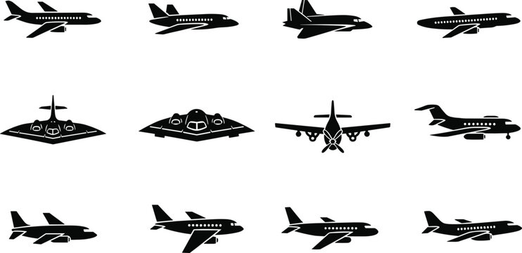 Airplane silhouettes vector set, mixed commercial and military aircraft collection, aviation transport design elements isolated on clean background