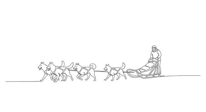 Single-line drawing depicting a dog sled team and musher in snowy landscape