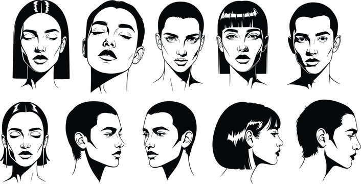 Female face portraits vector set, diverse women head illustrations in front and profile views, beauty fashion design isolated on clean background