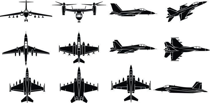 Military aircraft silhouettes set, fighter jets and transport planes collection, aviation vector icons, top and side views isolated on clean background