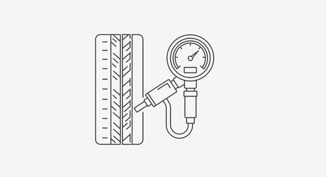 A tire and pressure gauge, depicted in line art against a gray background