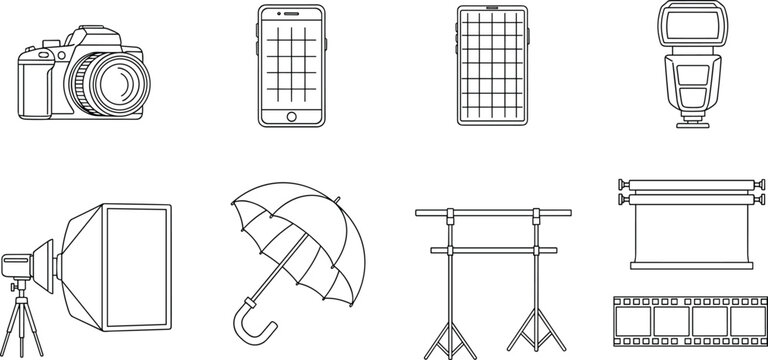 Photography equipment outline vector set, camera smartphone lighting gear and studio accessories collection, creative tools isolated on clean background