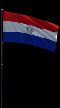 Paraguay flag waving on metal flagpole, vertical video with transparent background and alpha channel, seamless loop 3D rendering 4K