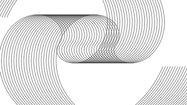 Minimalist monochrome wave pattern with layered curved lines creating depth and motion on black background. Ideal for themes of sound frequency, signal processing, 
