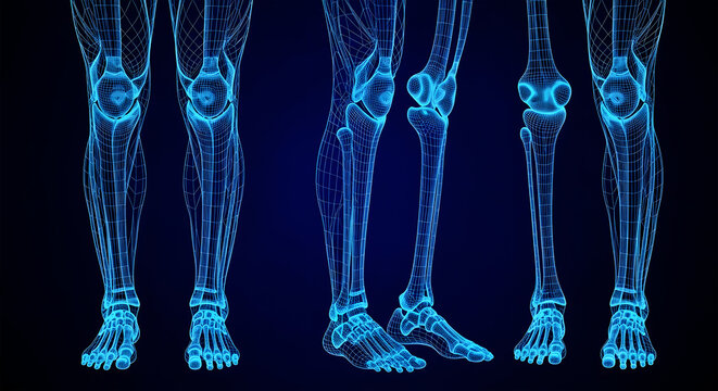 Blue wireframe human leg anatomy skeletal structure on dark background bone body
