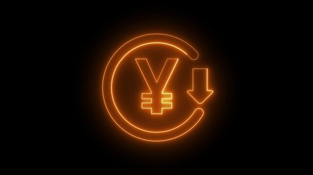 Glowing neon currency exchange icon featuring Japanese yen symbol with circular arrow and downward trend arrow on dark background. Concept of currency depreciation, financial loss,