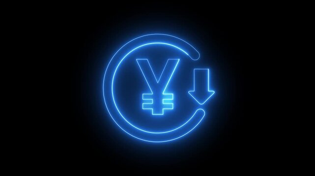 Glowing neon currency exchange icon featuring Japanese yen symbol with circular arrow and downward trend arrow on dark background. Concept of currency depreciation, financial loss,