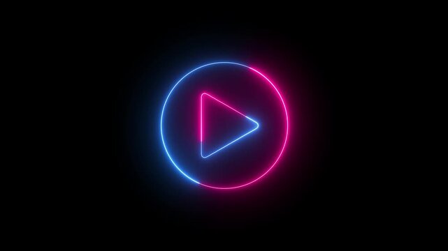 Video, audio neon play button icon animation. glowing play button animation. Press to play. On black background.