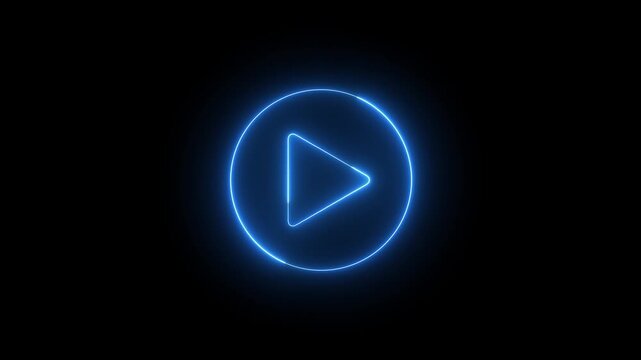 Video, audio neon play button icon animation. glowing play button animation. Press to play. On black background.