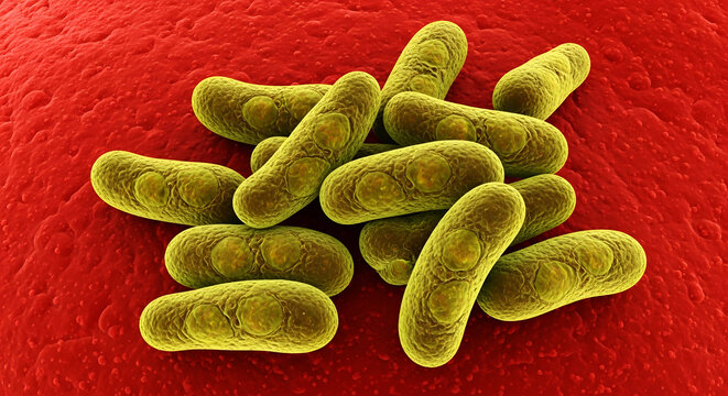 Close up of rod shaped bacteria on a red textured surface microbe microscopic