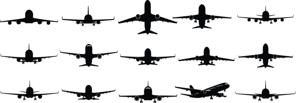 Airplane silhouettes vector set, front view commercial passenger aircraft collection, aviation transport design elements isolated on clean background
