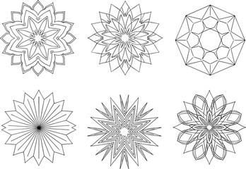 Obraz premium Collection of six intricate geometric mandala designs with radial symmetry and decorative starburst patterns