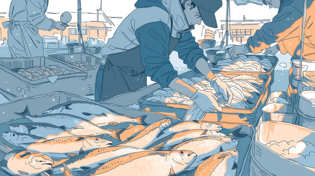 魚市場で鮮魚を並べる作業員たちのアニメ風イラスト 青とオレンジの配色