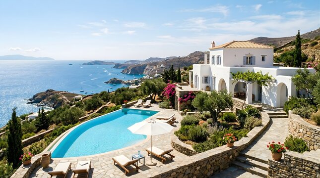 Luxury Mediterranean Villa with Infinity Pool and Aegean Sea View, Generative AI