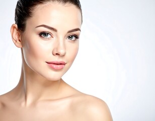 Obraz premium Bare shouldered young woman with fair skin and green eyes poses. Clean, bright background
