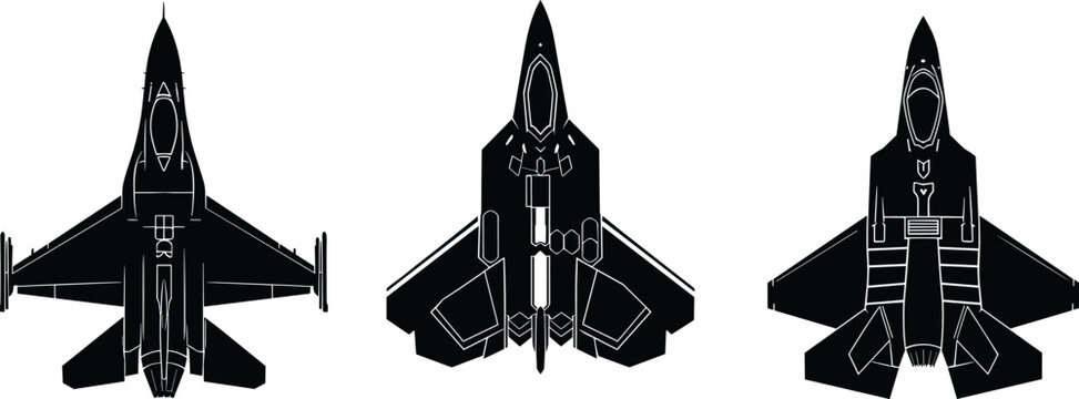 Modern stealth fighter jet top view vector silhouettes, military aircraft blueprint style, detailed aviation design elements isolated on clean background