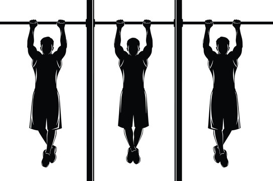 Pull up exercise silhouettes showing strength training positions representing fitness, workout routine, and bodyweight exercise isolated on white background
