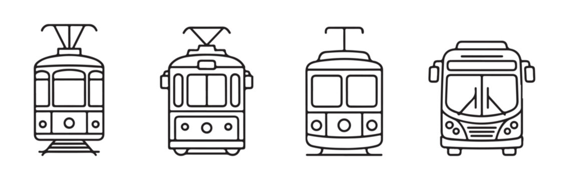 Public transportation vehicle icons including heritage trams and modern city bus front view line art vector.
