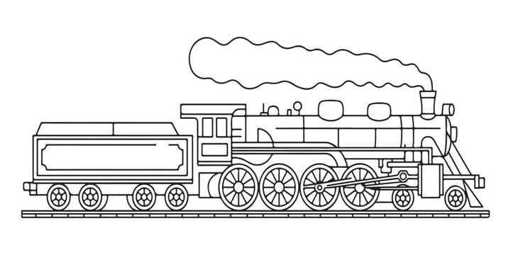 Vintage steam locomotive outline illustration for coloring book design of old fashioned classic railway train.