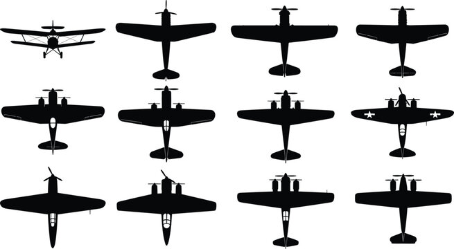 Vintage military aircraft silhouette set, top view warplane collection in black and white vector for aviation history and design use