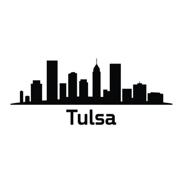 A stark black silhouette of the tulsa city skyline with its name