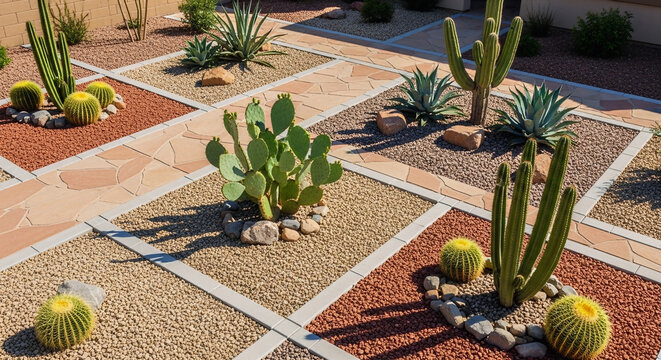 A perfectly landscaped arizona front yard featuring a geometric pattern of gravel beds, native cacti, succulent agave plants, and flagstone walkways.