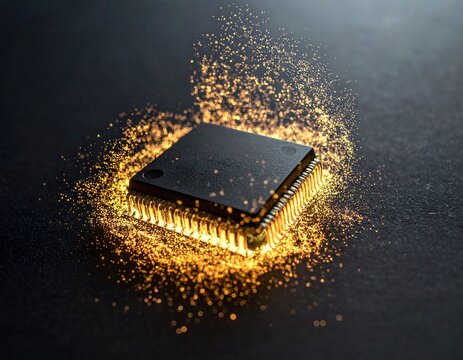 3D render of square golden CPU computer processor microchip exploding with glowing light particles