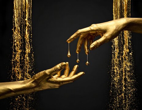 3D render of two golden metallic human hands reaching and dripping liquid gold on dark background
